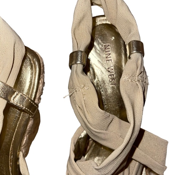 Nine West Wedge Sandals Tan With Gold Shimmer Women’s Size 5 1/2 5” Wedge - Picture 3 of 6